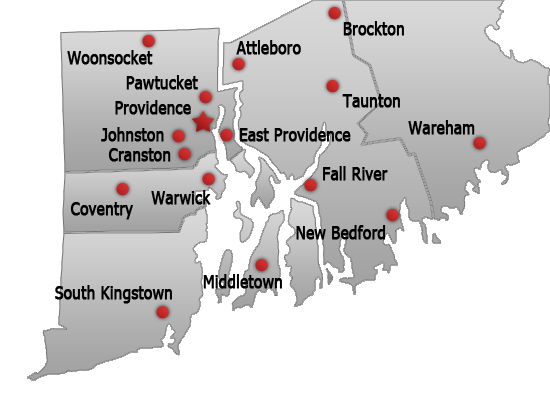 Map of all sixteen office locations for personal injury lawyer d'Oliveira & Associates