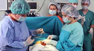 Surgeon implanting Transvaginal mesh to damaged organs of woman during surgery
