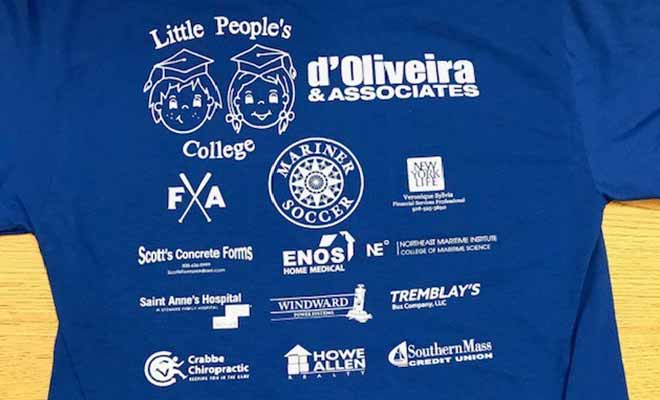 The back of a t-shirt where d'Oliveira & Associates is listed as a sponsor.