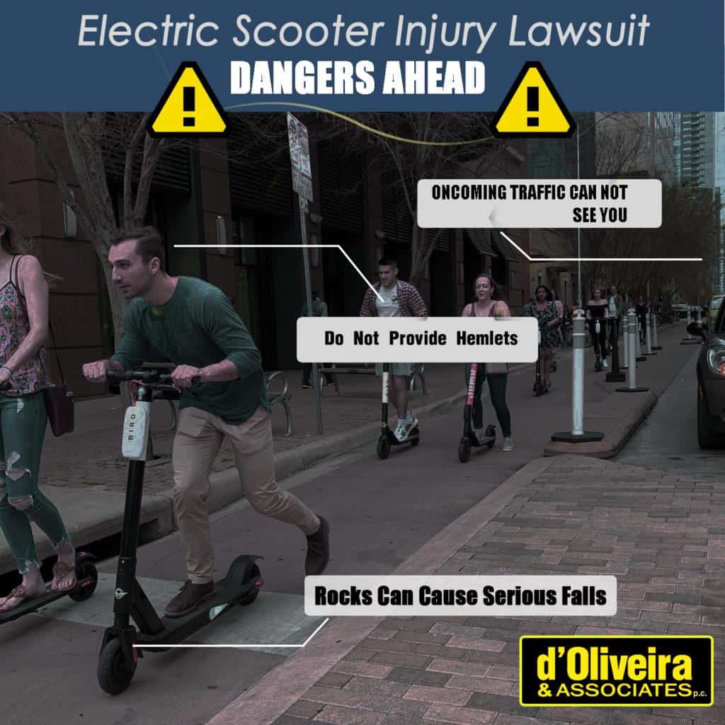 An electric scooter accident lawyer provides a graphic that reads: "Electric Scooter Injury Lawsuit. Dangers Ahead. Oncoming traffic can not see you. Do not provide helmets. Rocks can cause serious falls. d'Oliveira and Associates."