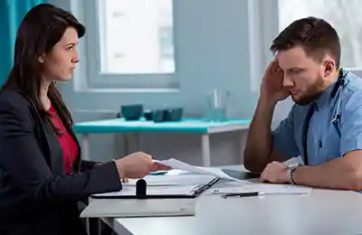woman talking to doctor showing him paperwork 