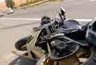 A crashed motorcycle after a motorcycle accident.