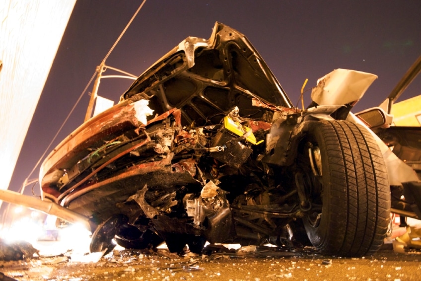 Badly damaged car after accident