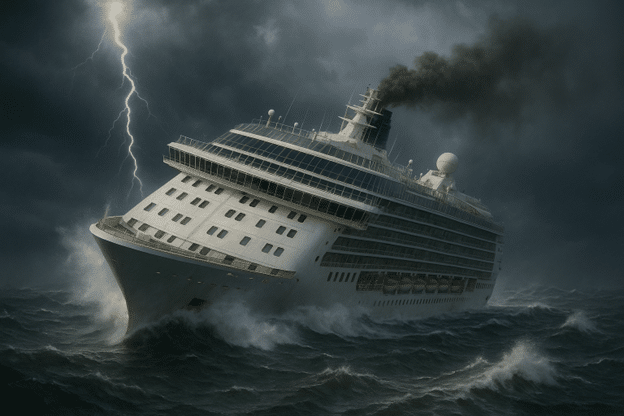 Cruise ship in rough seas during a lightning storm