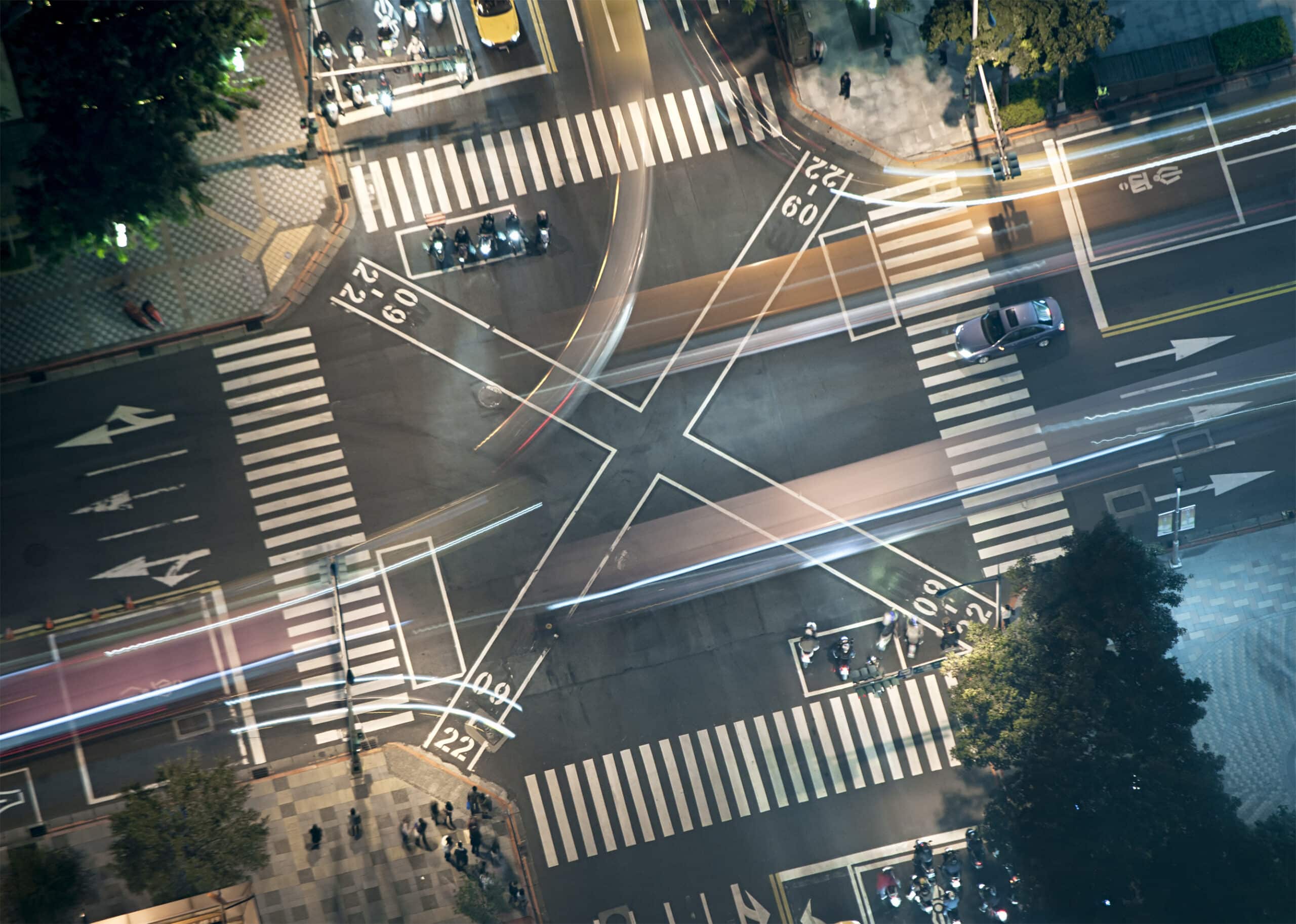 Bust 4 way intersection at night.