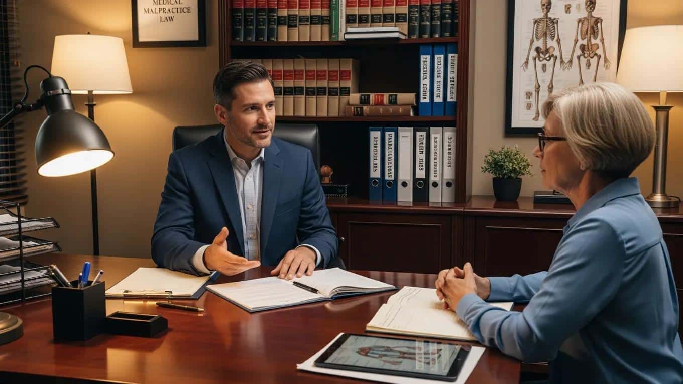 Medical malpractice attorney explaining damages to a client in an office