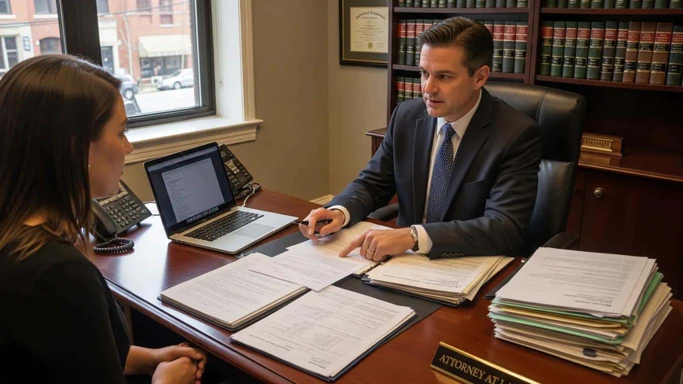 Rhode Island lawyer discussing car accident claims with a client in an office
