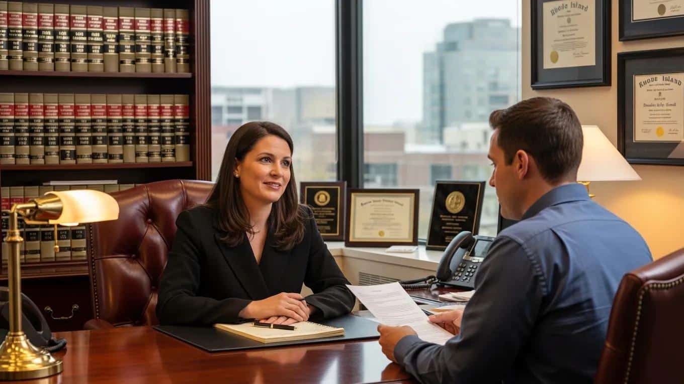Rhode Island personal injury attorney consulting with a client in a professional office