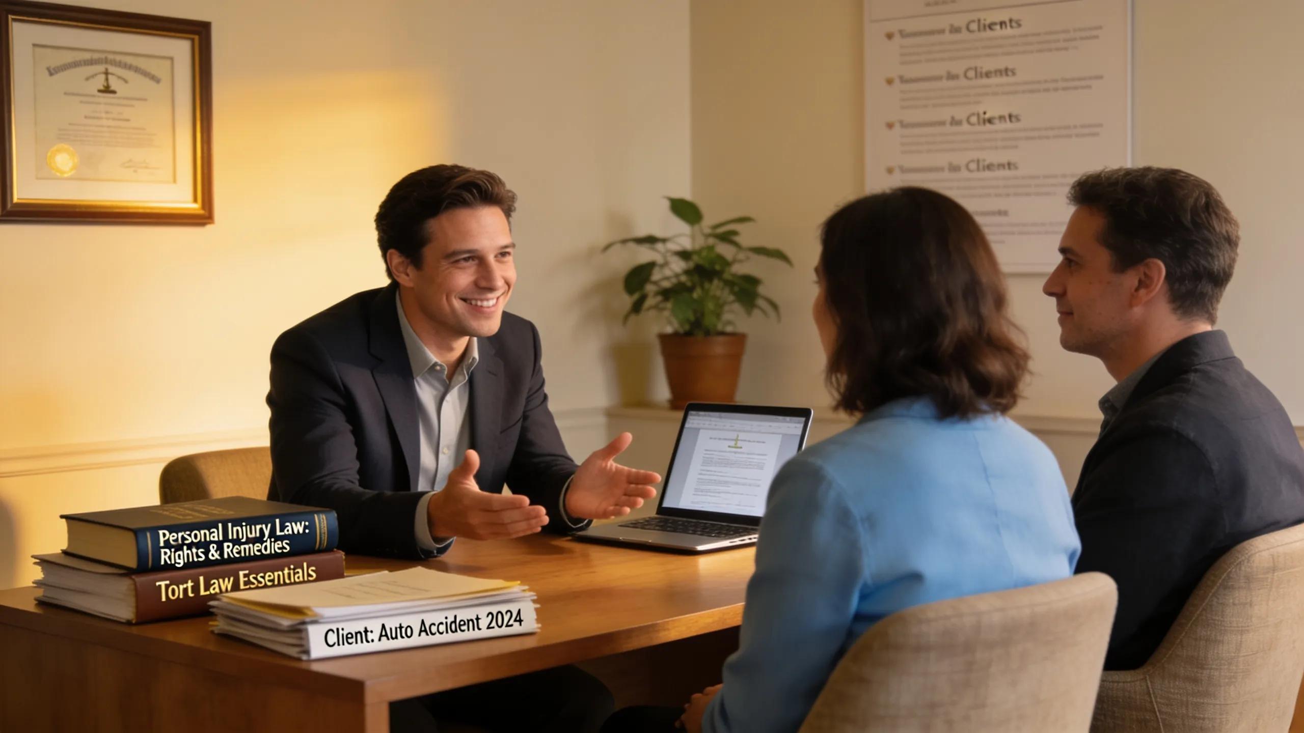 Personal injury attorney consulting with clients in a welcoming office environment